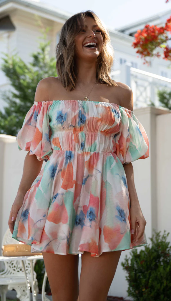 Vacation Tie Dye Printed Off Shoulder Dress Multi-1