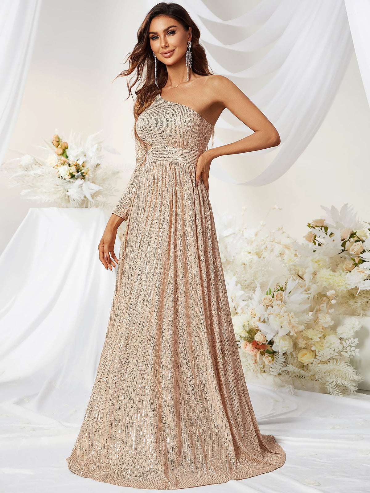 Andrea Sequined One Shoulder Gold High Slit Gown Gold