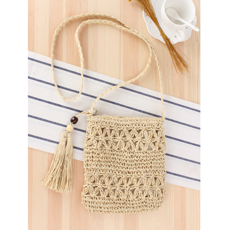 Simple Hollow Out Cutout Tassel Crossbody Crochet Cotton Bag One Size Ivory