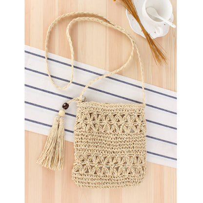 Simple Hollow Out Cutout Tassel Crossbody Crochet Cotton Bag One Size Ivory