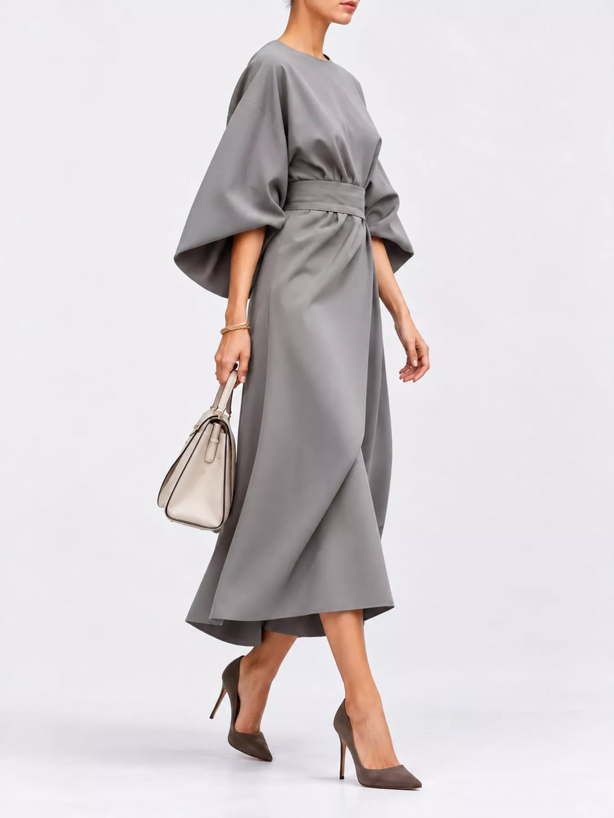 Full Sleeve Kimono Sleeves Round Neck Midi Dress Plus Size