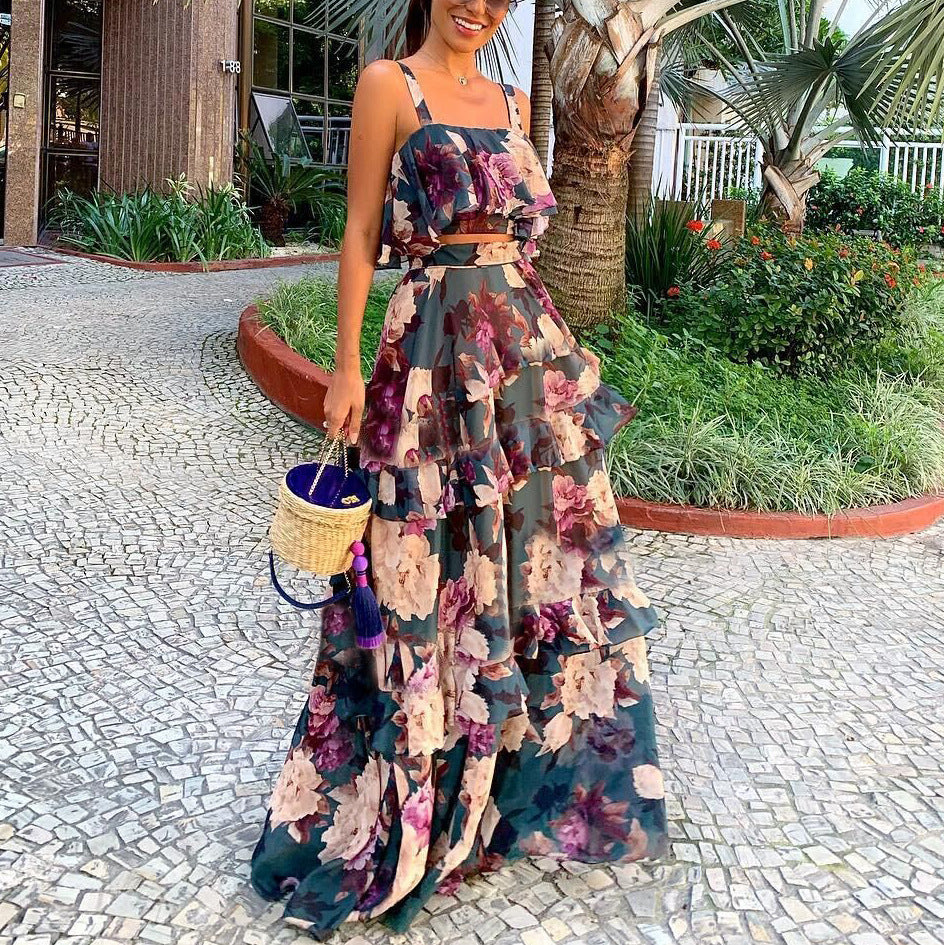 Women Women Clothing Two-Piece Dress Suspender Top Lotus Leaf Estampado Floral Long Skirt Set Multi