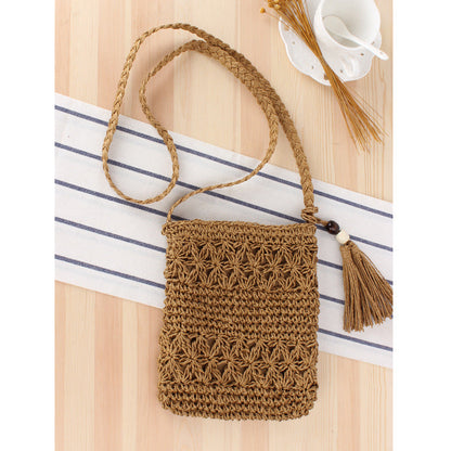 Simple Hollow Out Cutout Tassel Crossbody Crochet Cotton Bag One Size Brown