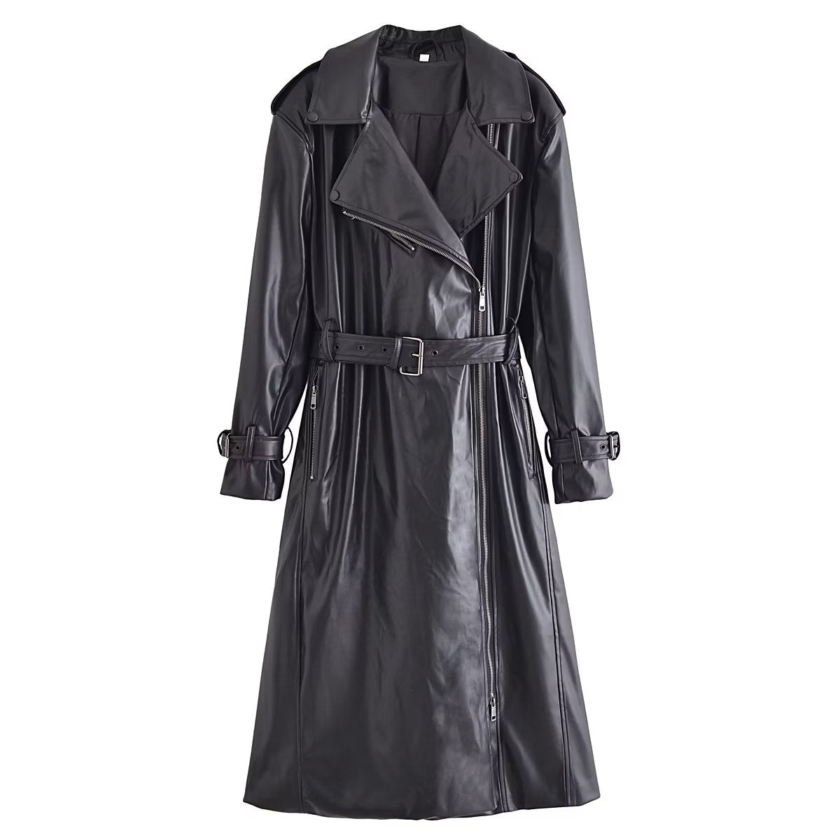 Black Faux Leather Trench Coat Black