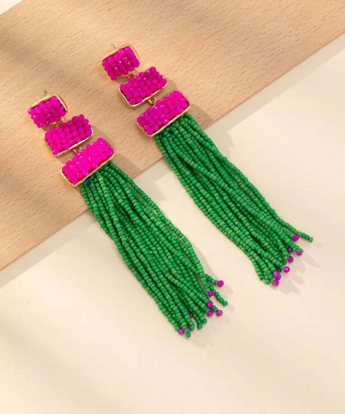 Bold Beaded Fringe Statement Earrings – Fuchsia & Emerald Green