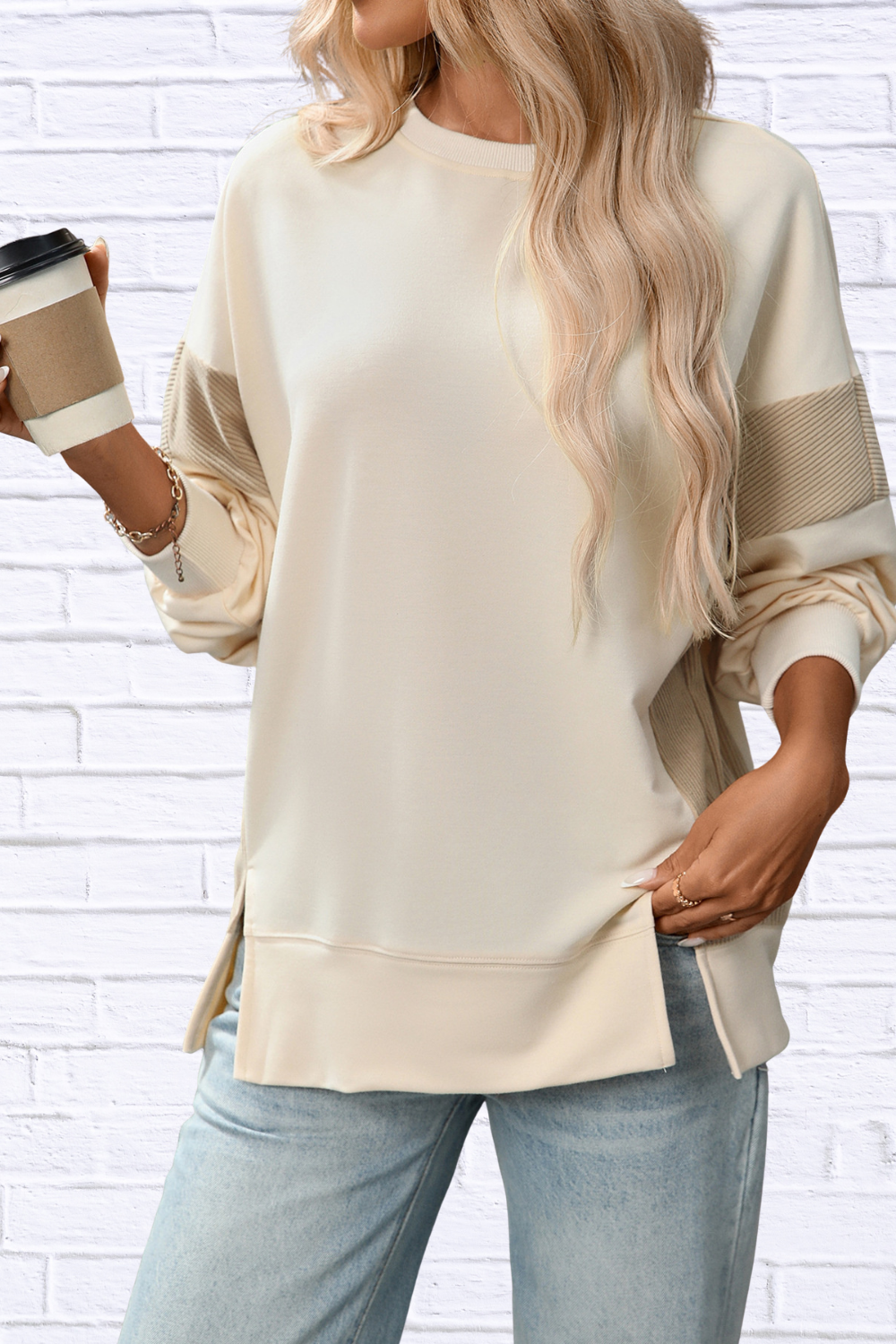 Slit Round Neck Long Sleeve Sweatshirt