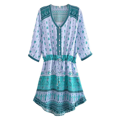 Polly V Neck Printed Dress Blue
