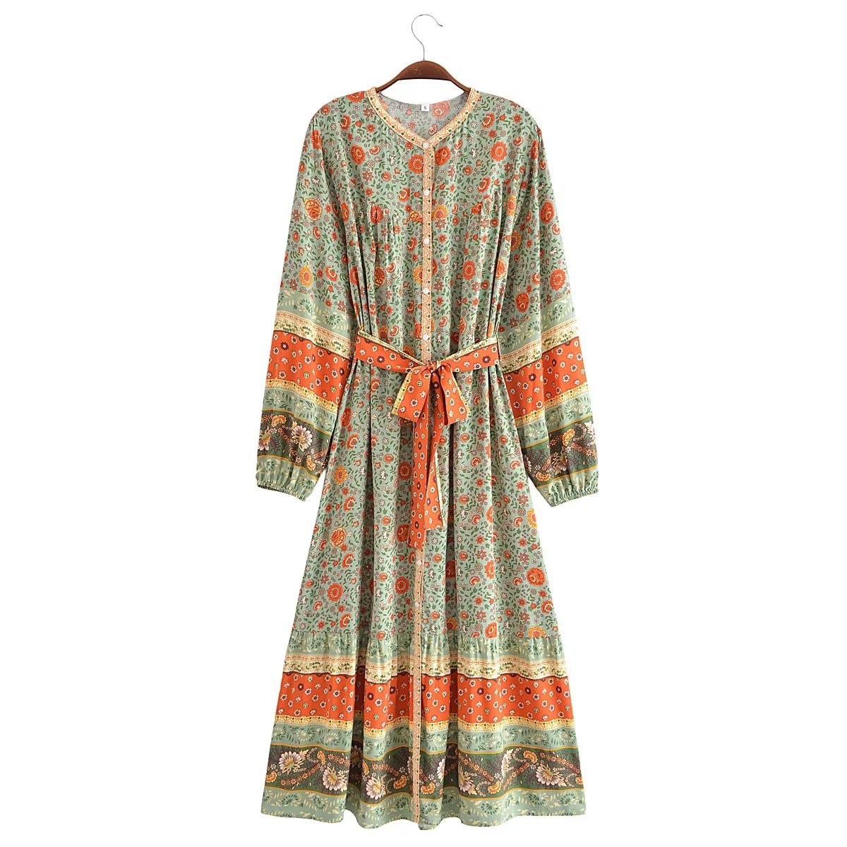 Gal Belted Printed Maxi Midi Green