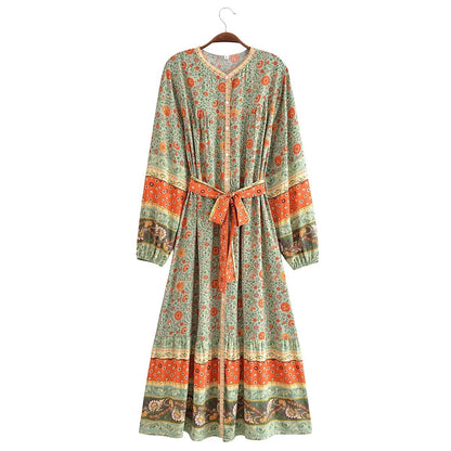 Gal Belted Printed Maxi Midi Green