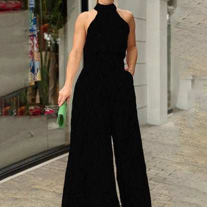 High Waist Lace up Sleeveless Halter Jumpsuit Black-1