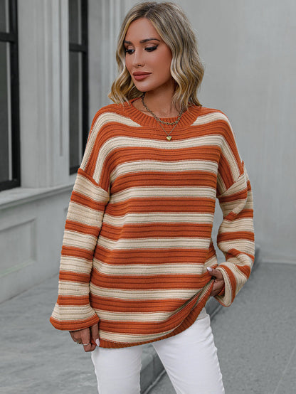 Knitted Crew Neck Pullover Sweater Orange