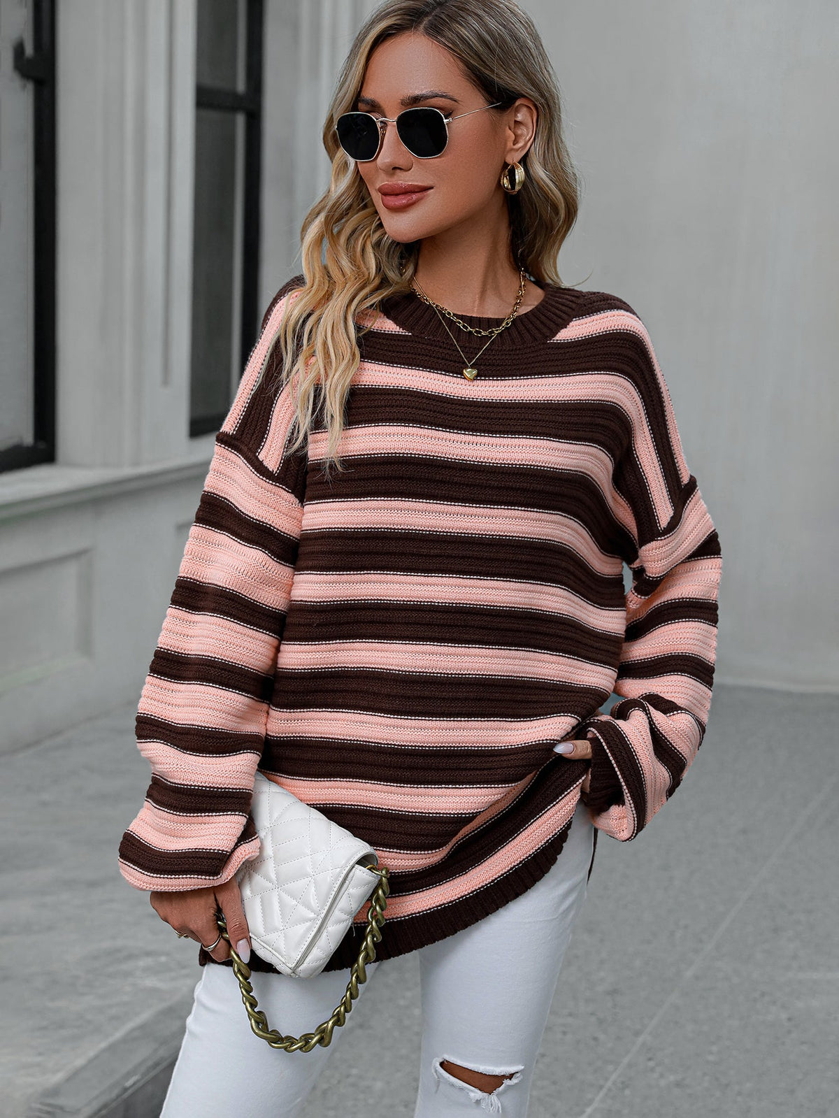 Knitted Crew Neck Pullover Sweater Brown