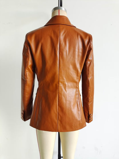 Faux Leather Double Breasted Blazer Loose Faux Leather
