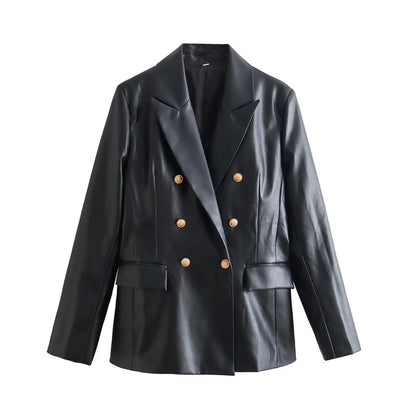 Faux Leather Double Breasted Blazer Loose Faux Leather Black