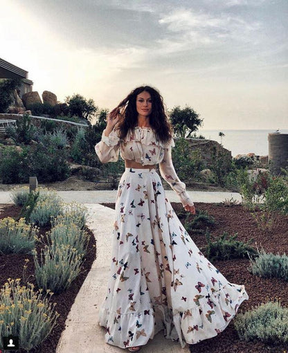 Butterfly Printed Two Piece Suit Bohemian Wide Hem Maxi Beach Suit White