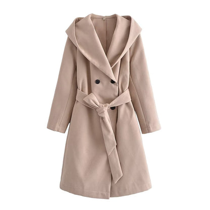 Belt Hooded Long Sleeve Trench Coat Oats
