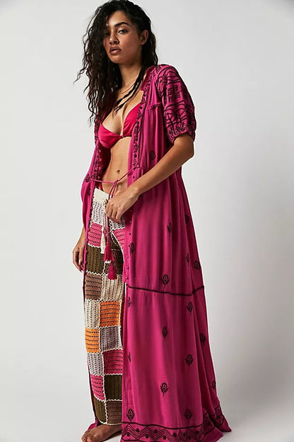 Trendy Cotton Embroidered Lace Up Maxi Coral Red
