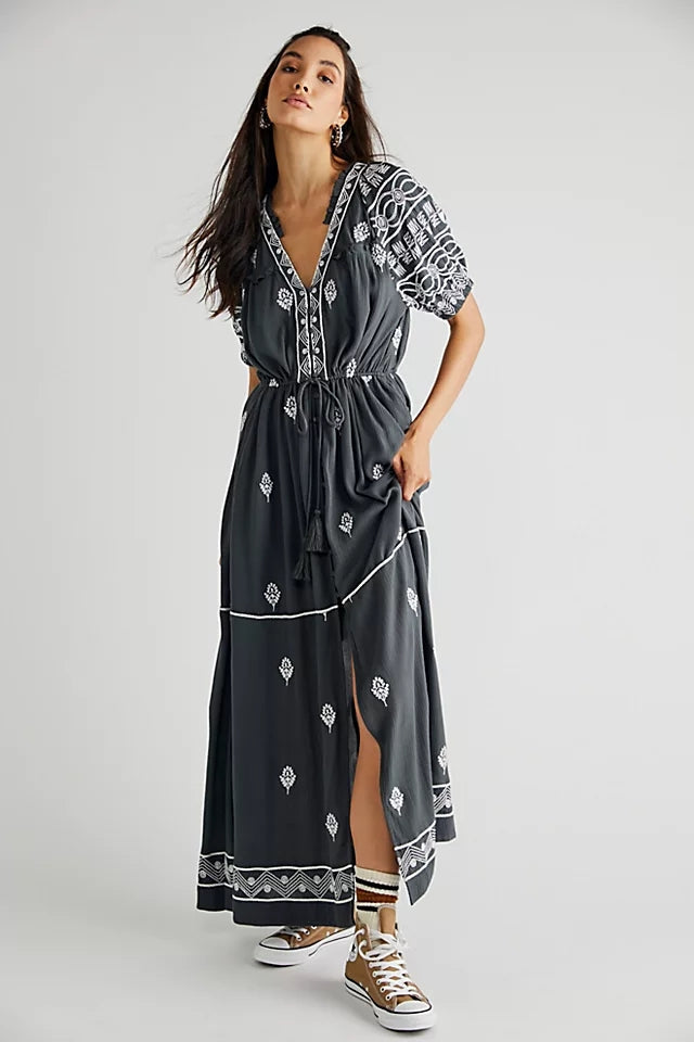Trendy Cotton Embroidered Lace Up Maxi Dark Grey