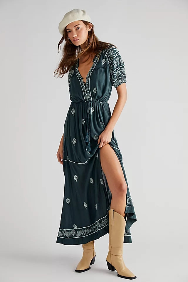 Trendy Cotton Embroidered Lace Up Maxi Green