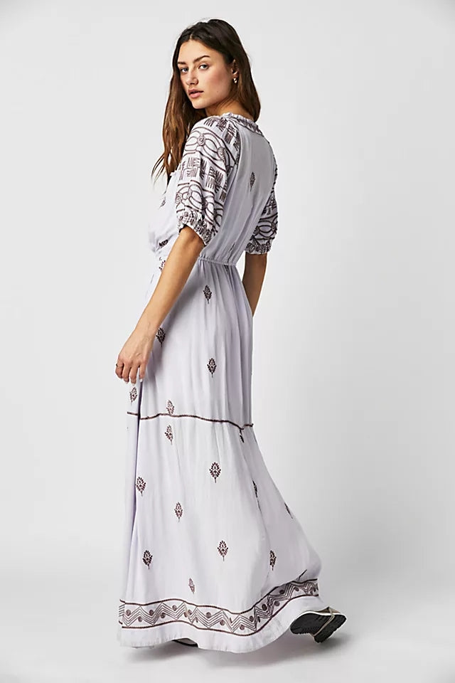 Trendy Cotton Embroidered Lace Up Maxi Light Gray