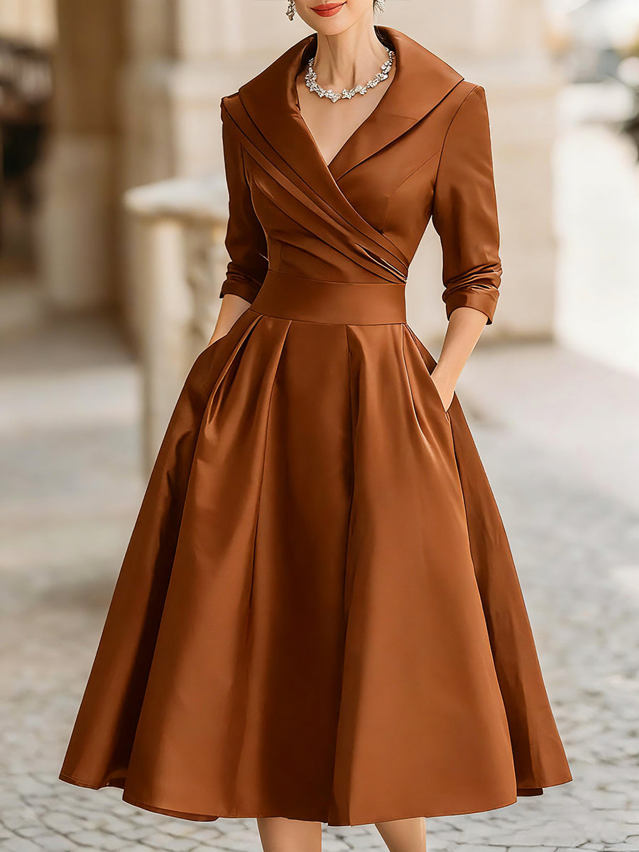 Vintage-Inspired Satin Midi Dress With Draped Collar Orange