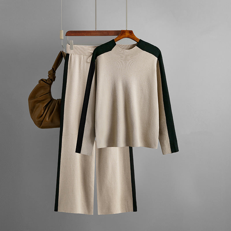 Color Block Top & Cropped Pants Two Piece Suit One Size camel