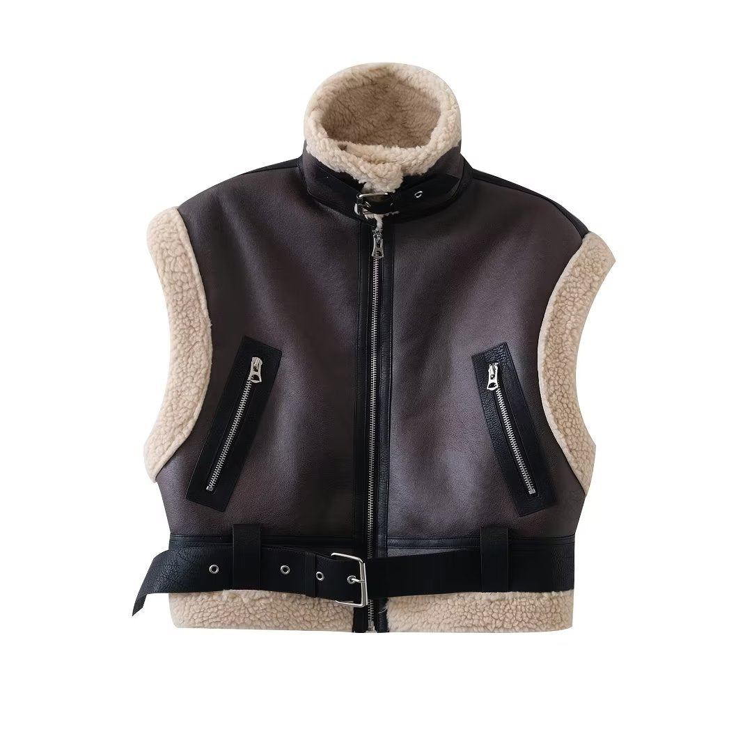 Faux Shearling Short Vest Jacket Coffee