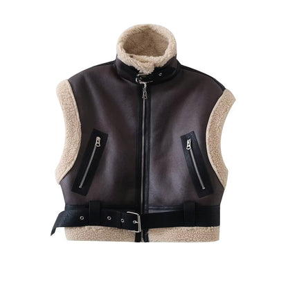 Faux Shearling Short Vest Jacket Coffee