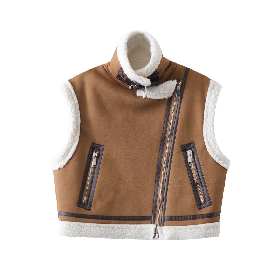 Faux Shearling Leather Vest Coat Multicolor