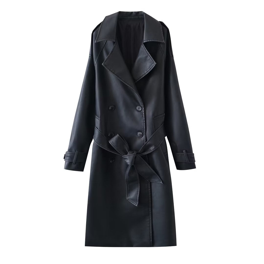 Leather Slim Mid-Length Trench Coat Black