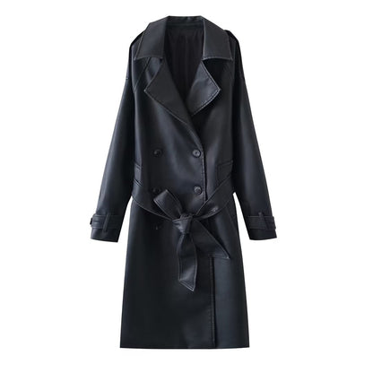 Leather Slim Mid-Length Trench Coat Black
