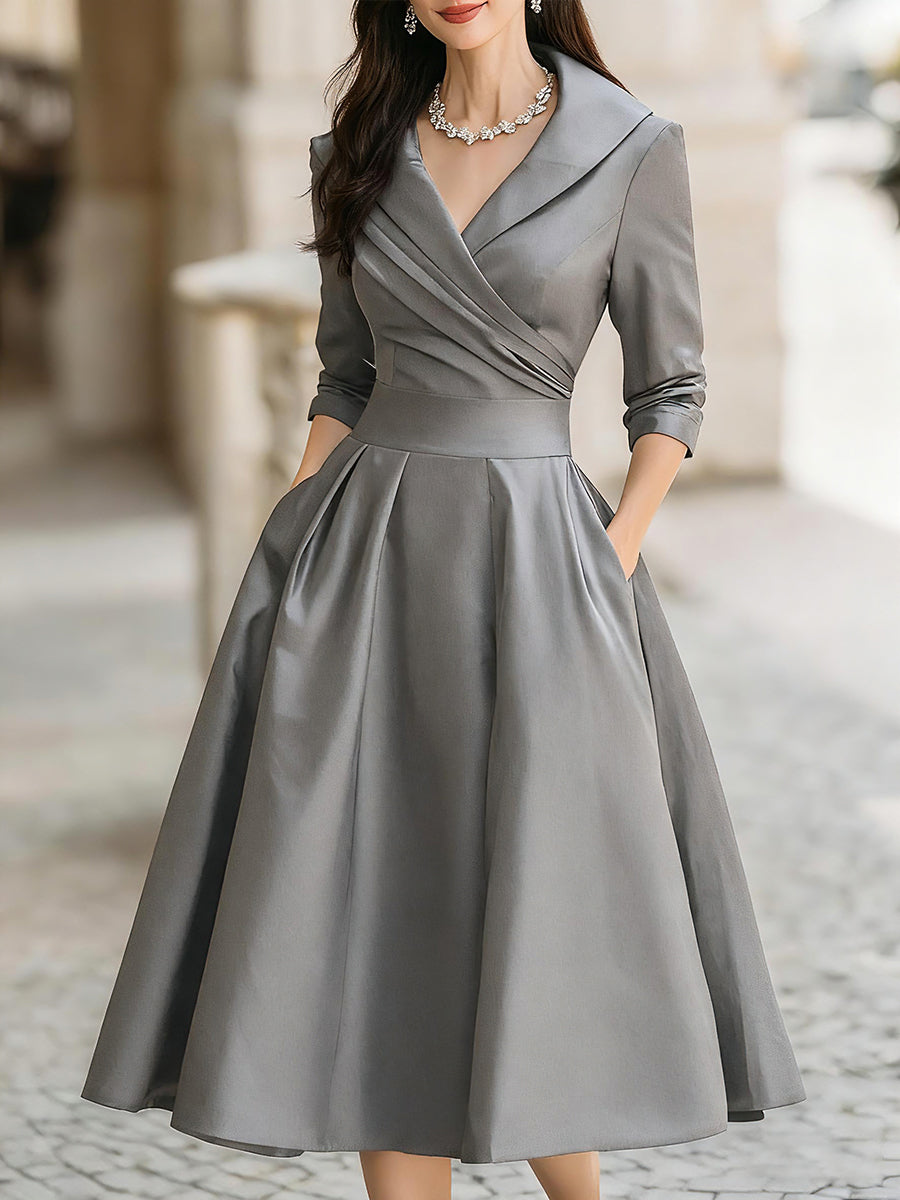 Vintage-Inspired Satin Midi Dress With Draped Collar Gray