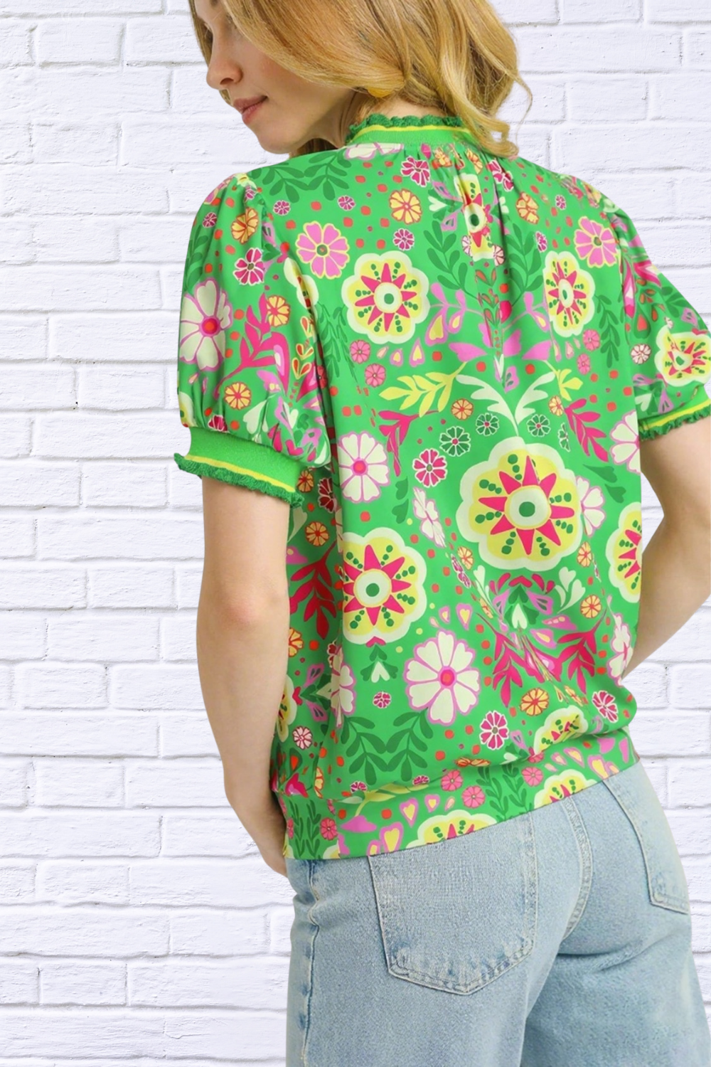 Vibrant Floral Puff Sleeve Blouse – Green
