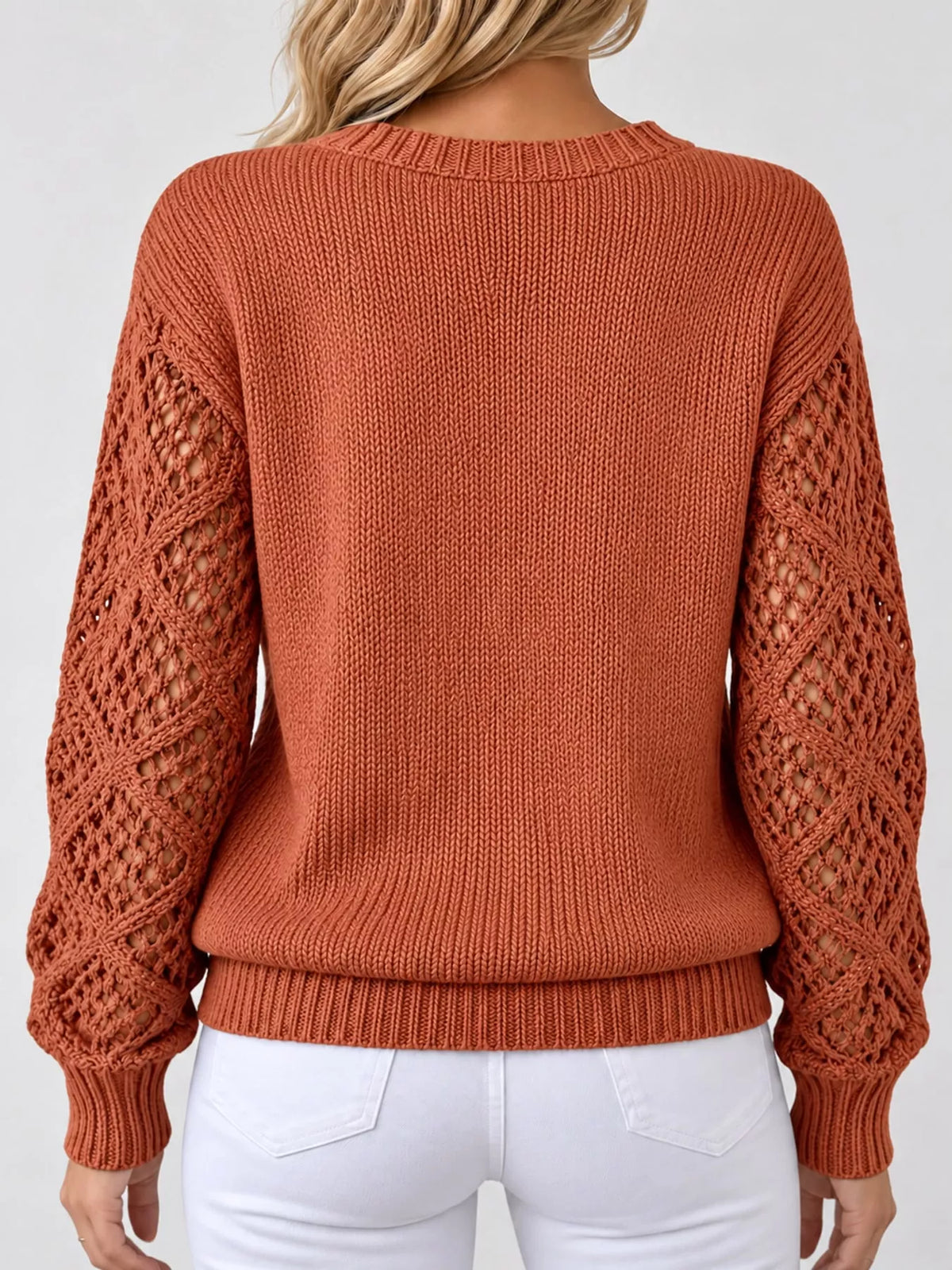Full Size V-Neck Hollow-Out Long Sleeve Sweater Plus Size