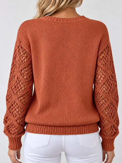 Full Size V-Neck Hollow-Out Long Sleeve Sweater Plus Size