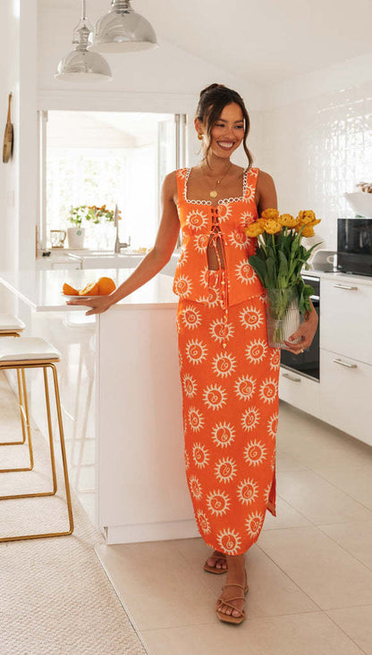 Printed Crop Top and Skirt Set nacarat