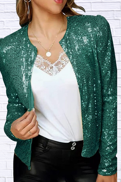 Full Size Sequin Long Sleeve Jacket Plus Size Dark Green
