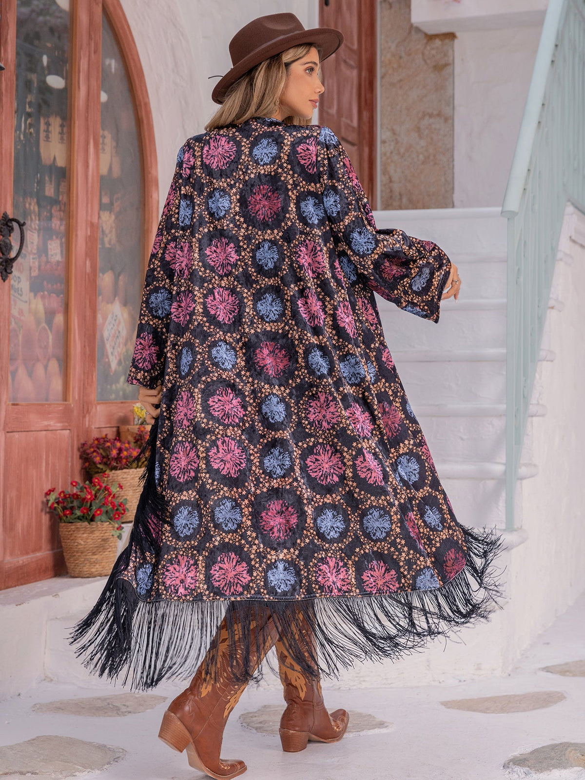 Printed Tassel Kimono Jacket Black