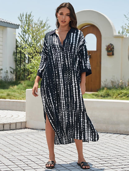 Rayon Tie Dyed Beach Blouse Sexy Robe Vacation Sun Protection Shirt Beach Cover Up One Size Black Strip