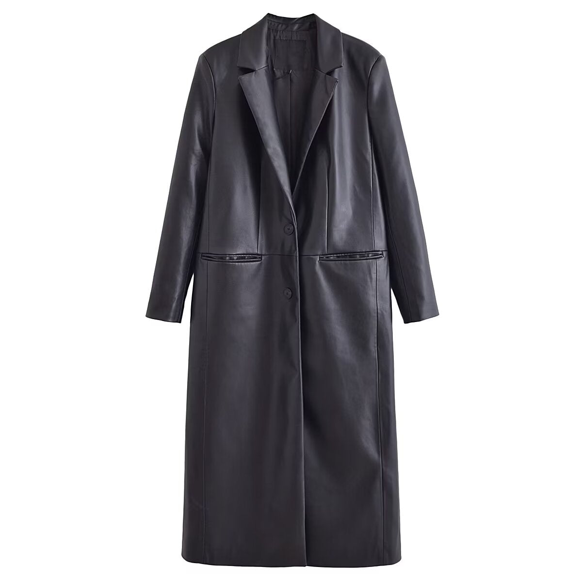 Faux Leather Long Sleeve Overcoat Black