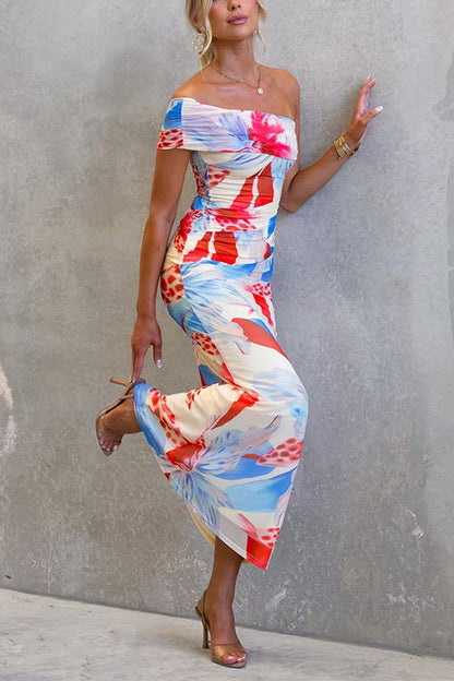 Asymmetrical Shoulder Ruched Floral Print Maxi Dress