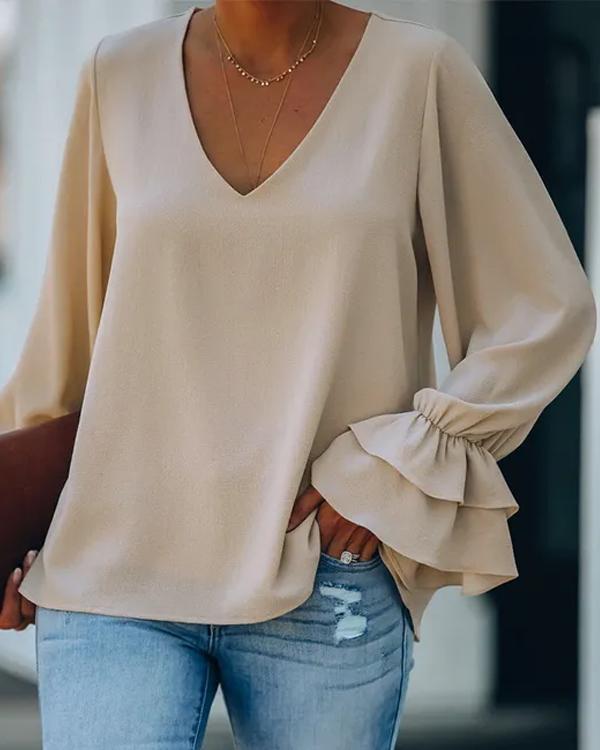 Clidress V Neck Scollop Sleeve Satin Top