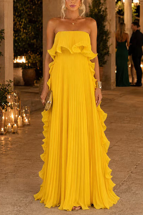 Strapless Tube Ruffle Pleated Swing Maxi Dress