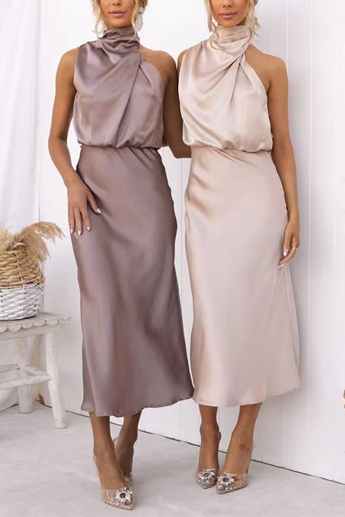 High Neck Sleeveless Waisted Satin Midi Dress