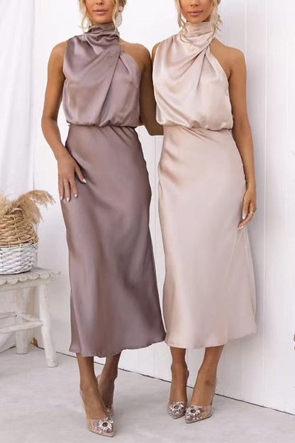 High Neck Sleeveless Waisted Satin Midi Dress