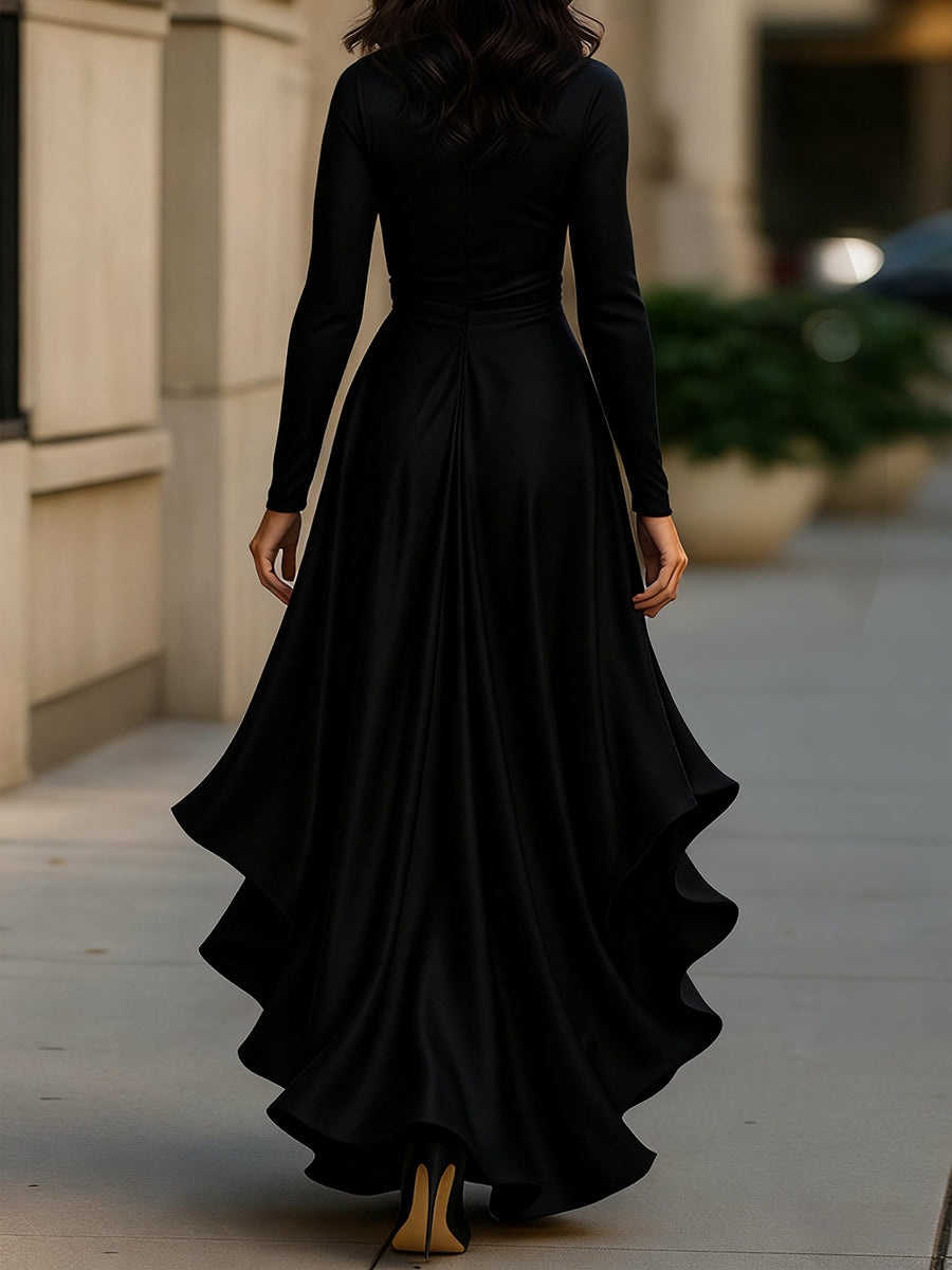 Midnight Blue Draped Satin Maxi Dress With Ruffle Details
