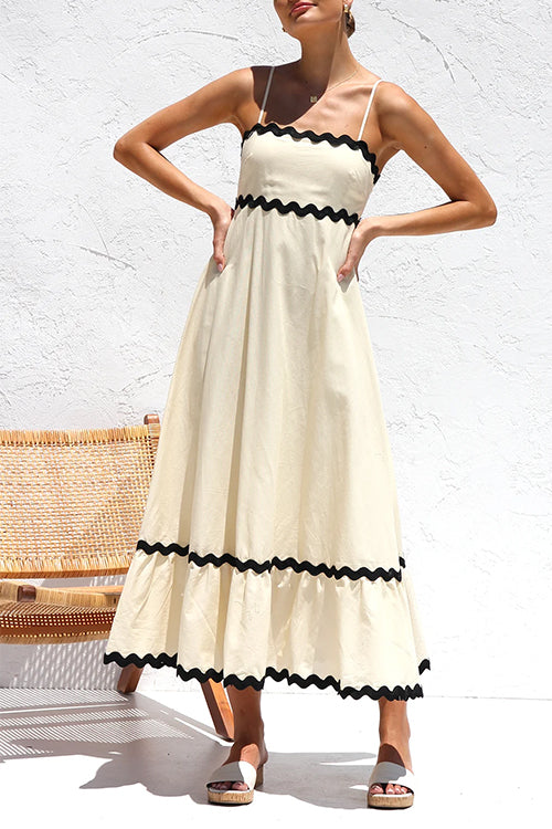 Spaghetti Strap High Waist Ric Rac Ruffle Maxi Dress Apricot