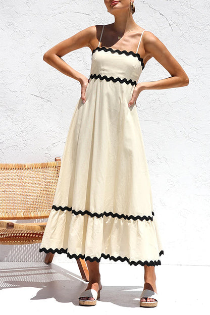 Spaghetti Strap High Waist Ric Rac Ruffle Maxi Dress Apricot