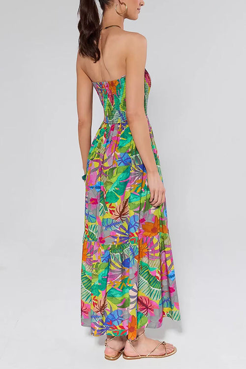 Strapless High Waist Floral Print Ruffle Maxi Dress