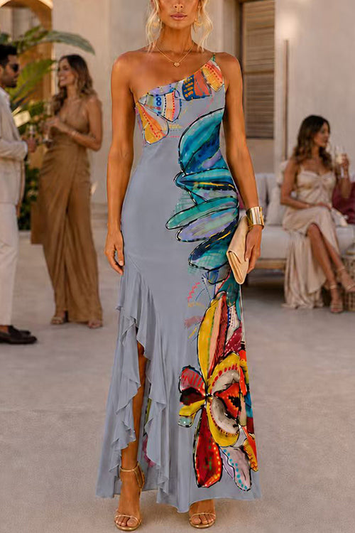 One Shoulder Sleeveless Floral Print Ruffle Hem Maxi Dress